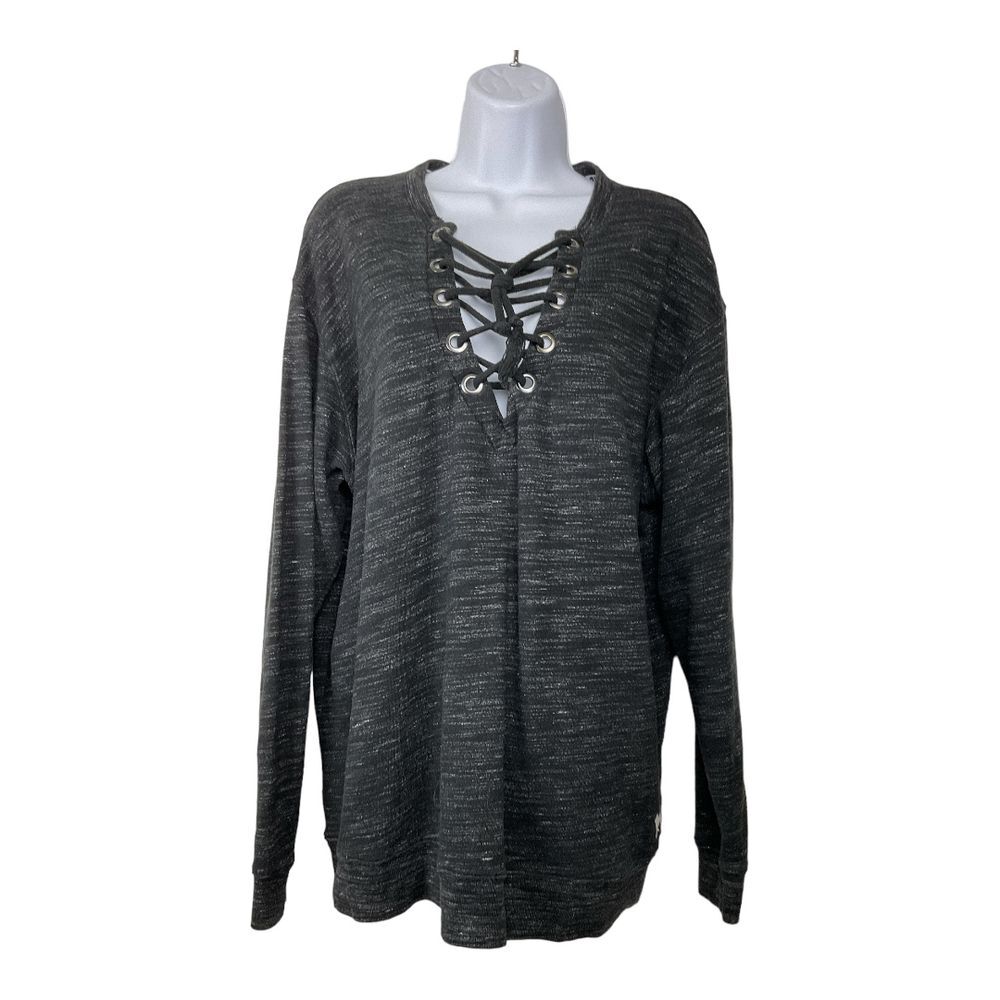 Victoria's Secret Pink Charcoal Long Sleeve Sweatshirt with Lace Up Neckl Sz L